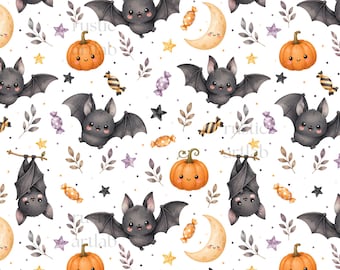 Cute Bats Seamless Pattern, Halloween Fabric Design, Adorable Bats Pumpkins Stars Fabric Print Digital Download