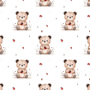 Könnte beinhalten: Ein nahtloses Muster mit braunen Teddybären, die rote Marienkäfer auf weißem Hintergrund mit verstreuten roten Punkten halten.
