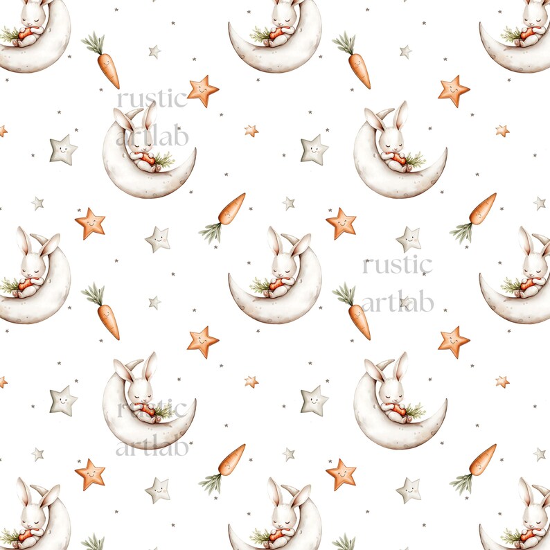 Watercolour Bunny Seamless Pattern, Cute Rabbit on the Moon Fabric ...