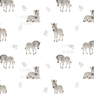May include: A repeating pattern on a white background featuring watercolour illustrations of baby zebras in various poses, including standing and lying down, interspersed with small sprigs of green leaves and the text rustic artlab.