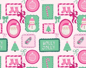Christmas Frames Seamless Pattern, Pink Christmas Fabric Design, Santa Patchwork Repeat Tile Digital Download