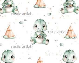 Adorable Baby Dinosaur Seamless Pattern | Cute Watercolor Dino Fabric Print | Boho Nursery Digital Paper | Kids Textile Design