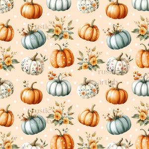Peut inclure: Un motif sans couture représentant différentes citrouilles avec des motifs et des couleurs variés, notamment orange, blanc et bleu. Les citrouilles sont entourées de petits points blancs et d'arrangements floraux avec des fleurs jaunes et blanches. Le fond est de couleur pêche clair.