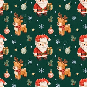 May include: A repeating pattern on a dark green background featuring watercolor-style illustrations of block-built Santa Claus figures holding gifts, block-built reindeer with red scarves, striped ornaments, snowflakes, stars, and pine sprigs.