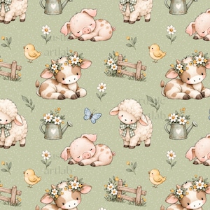Può includere: Un motivo ripetitivo su sfondo verde salvia con illustrazioni di maialini rosa addormentati, agnelli bianchi con fiocchi a quadri verdi, vitelli marroni e bianchi con corone di fiori, pulcini gialli, annaffiatoi e staccionate in legno.