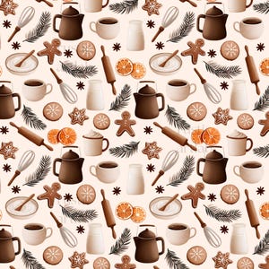 Christmas Baking Seamless Pattern, Christmas Cookies Milk Gingerbread Fabric Print, Festive Background Digital Download