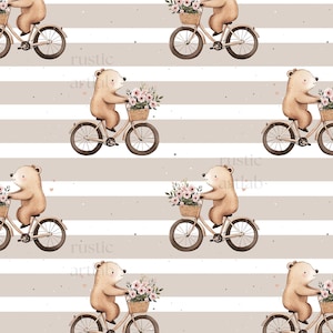 May include: A repeating pattern featuring cartoon bears riding bicycles with flower-filled baskets. The bears are light brown, the bicycles are beige, and the flowers are pink. The background has alternating stripes of white and light brown.