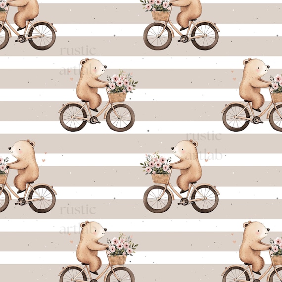 Bear Seamless Pattern, Cute Baby Spring Fabric Design, Bear riding a Bike Repeat Pattern, Nursery Fabric Print, Commercial use