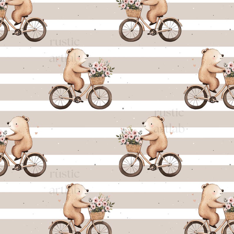 Bear Seamless Pattern, Cute Baby Spring Fabric Design, Bear riding a Bike Repeat Pattern, Nursery Fabric Print display