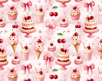 Cherry Seamless Pattern, Cherry Cake Muffin Cupcake Bow Fabric Design, Pink Cake Background, commercial use