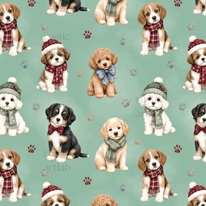 Könnte beinhalten: Ein sich wiederholendes Muster auf salbeigrünem Hintergrund mit verschiedenen Welpen, die Winteraccessoires wie Strickschals und Mützen tragen. Die Illustration zeigt Beagle, Pudel und spanielartige Hunde, durchsetzt mit kleinen braunen Pfotenabdrücken.
