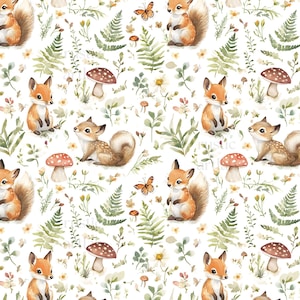 Op de afbeelding: Herhalend aquarelpatroon met vossen, eekhoorns, paddenstoelen, vlinders en varens. Het ontwerp staat op een witte achtergrond en creëert een grillige, door de natuur geïnspireerde esthetiek.