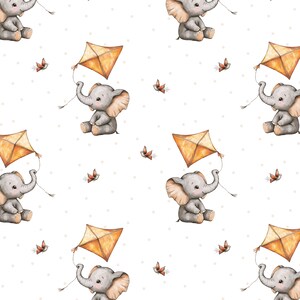 May include: A repeating pattern featuring cute grey elephants with orange kites. Small brown birds and tiny white polka dots are scattered across the white background. The elephants have large ears and are sitting down.