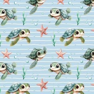 May include: A repeating pattern featuring cartoon sea turtles, starfish, and bubbles on a light blue background with white horizontal stripes. The turtles have green shells and are swimming. The starfish are pink.