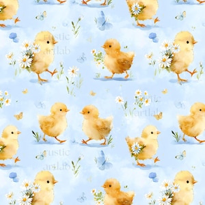 Spring Chicks Seamless Pattern - Watercolour Chicks with Flowers Fabric Design Digital Download