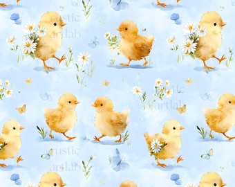 Spring Chicks Seamless Pattern - Watercolour Chicks with Flowers Fabric Design Digital Download