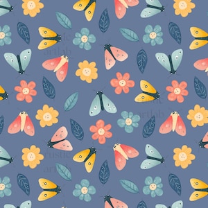 Könnte beinhalten: Ein sich wiederholendes Muster aus bunten Schmetterlingen, Blumen und Blättern auf blauem Hintergrund. Die Schmetterlinge haben gelbe, rosa und blaue Flügel. Die Blumen sind gelb, orange und blau. Die Blätter sind dunkelblau. Der Text "rustic artlab" ist im Bild.