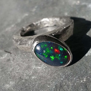 statement ring with ethiopian black opal, brutalist ring, sterling silver, unique silver ring