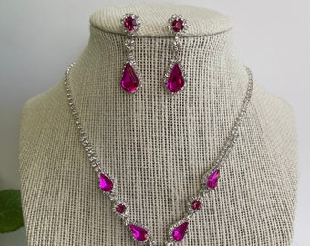 Pink teardrop necklace and earrings set hot pink bridal jewelry wedding accessories pink prom necklace set hot pink crystal jewelry set