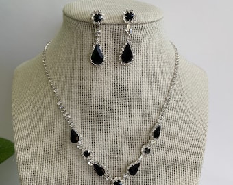 Black Crystal Rhinestone Necklace and Earrings Set