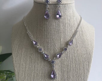 Lavender lilac crystal rhinestones necklace and earrings set lavender crystal necklace and earrings  set bridal wedding accessories jewelry