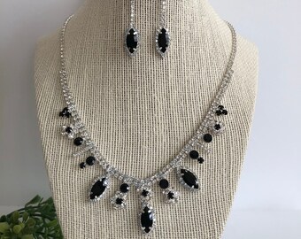 Black Crystal Rhinestone Necklace and Earring Set, Wedding Jewelry