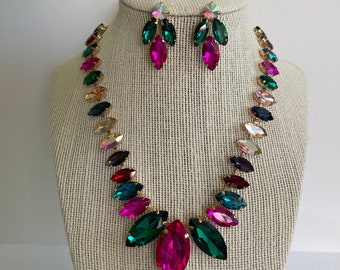 Multi color crystal necklace and earrings set