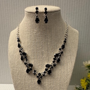 Black bridal jewelry set black silver necklace and earrings set women’s jewelry set wedding accessories wedding jewelry gifts for her