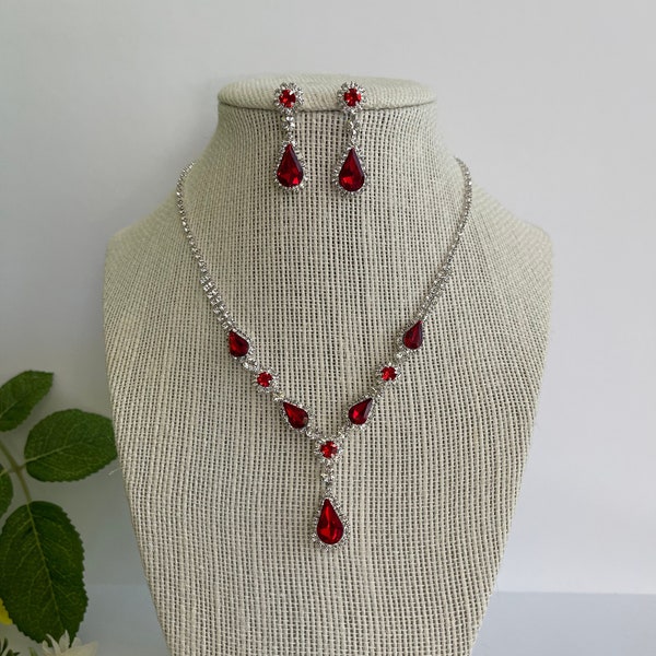 Conjunto de collar y pendientes de diamantes de imitación de cristal rojo para accesorios de joyería de mujer, joyería de graduación, conjunto de joyería nupcial roja, accesorios de boda