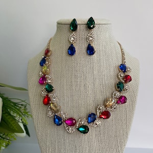 Multi color rhinestone earrings and necklace set women’s colorful crystal  necklace and earrings set accessories gifts for her