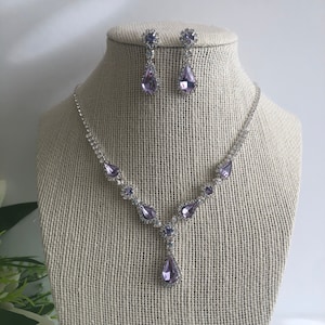 Lavender lilac crystal rhinestones necklace and earrings set lavender crystal necklace and earrings  set bridal wedding accessories jewelry