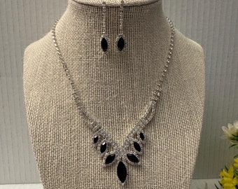 Black Rhinestone Crystal Necklace and Earring Set