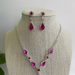 Pink teardrop necklace and earrings set hot pink bridal jewelry wedding accessories pink prom necklace set hot pink crystal jewelry set