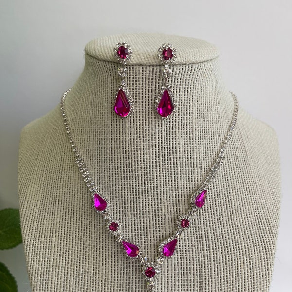 Pink teardrop necklace and earrings set hot pink bridal jewelry wedding accessories pink prom necklace set hot pink crystal jewelry set