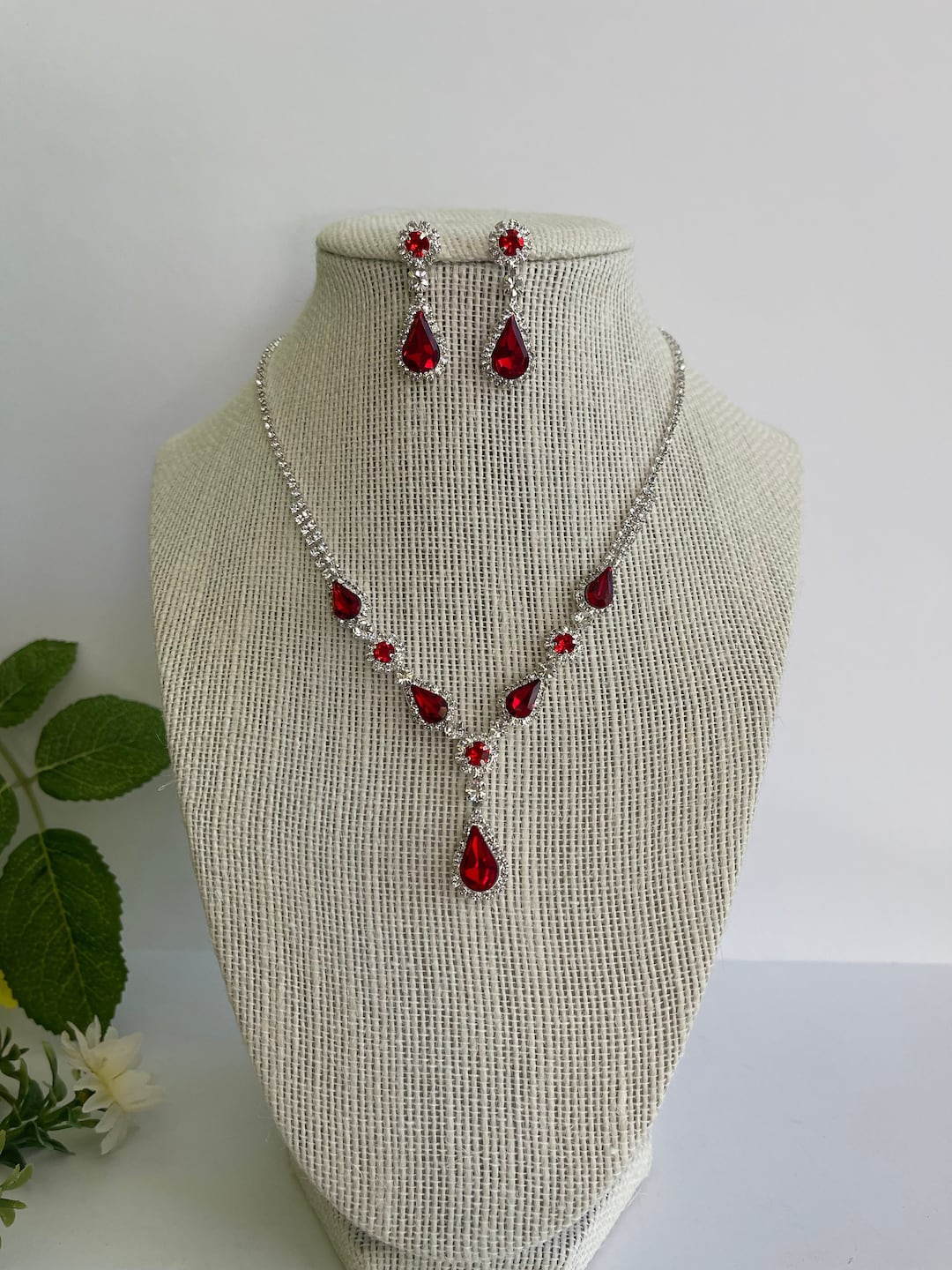 Red Crystal Rhinestone Necklace and Earrings Set for Womens Jewelry