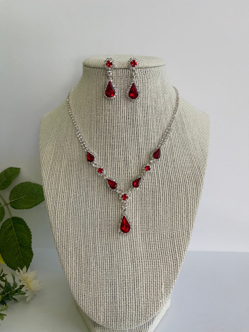 Red crystal rhinestone necklace and earrings set for womens jewelry accessories prom jewelry red bridal jewelry set wedding accessories image 1