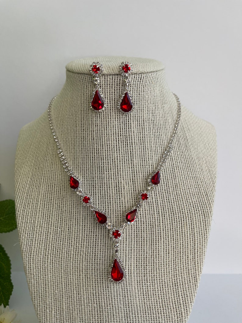 Red crystal rhinestone necklace and earrings set for womens jewelry accessories prom jewelry red bridal jewelry set wedding accessories image 2