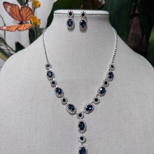 Blue Crystal Y Necklace and Earrings Set, Bridal Accessory