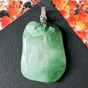 Natural Myanmar Icy Type Jade Pendant - Buddha Meditating Under a Tree with 18K Gold Diamond Bail