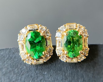 1.15 Ct Natural Tsavorite Earrings: 18K Gold & White Sapphire Studs