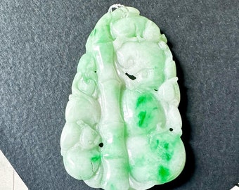 Hand-Carved Myanmar Jade Pendant, Bamboo Peach Ruyi