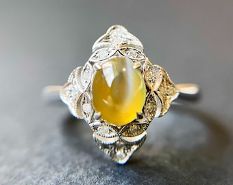 Cat's Eye Chrysoberyl Diamond Ring, 18K White Gold Fine Jewelry
