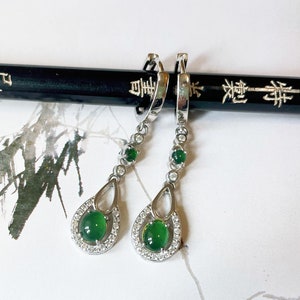 Natural Myanmar Icy Green Jadeite Jade Cabochons Huggie Hoop Drop Earrings in 925 Sterling Silver and Zircons