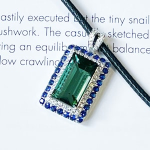 Certified Green Tourmaline Pendant: 14K White Gold, Blue Sapphire & Moissanite
