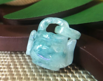 Natural Myanmar Bluish Green Handcrafted Jadeite Jade Teapot Silver Necklace Pendant, Burma A-Grade Type A Jade Loose Stone