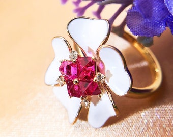 Natural Myanmar Hot Pink Spinel Flower Ring in 14K Gold, Diamond Enamel