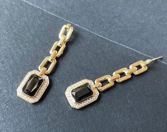 Mitternachtsglanz | Natürliche Schwarze Spinell 14K 18K Gold Ketten-Ohrringe - Kühne Stärke & Moderne Eleganz