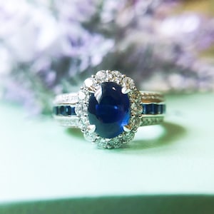 Natürlicher blauer Saphir Cabochon mit Diamant 18k Weißgold Ring, Verlobungsring, September Geburtsstein Ring, Jubiläumsring, Ehering