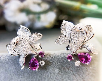 Magnolia Flower Earrings: 18K White Gold, Pink Sapphire & Diamond Studs