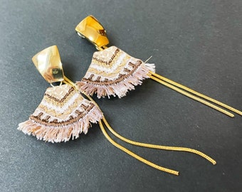 Hand-Embroidered Boho Dangle Earrings, Artisan Textile Jewelry
